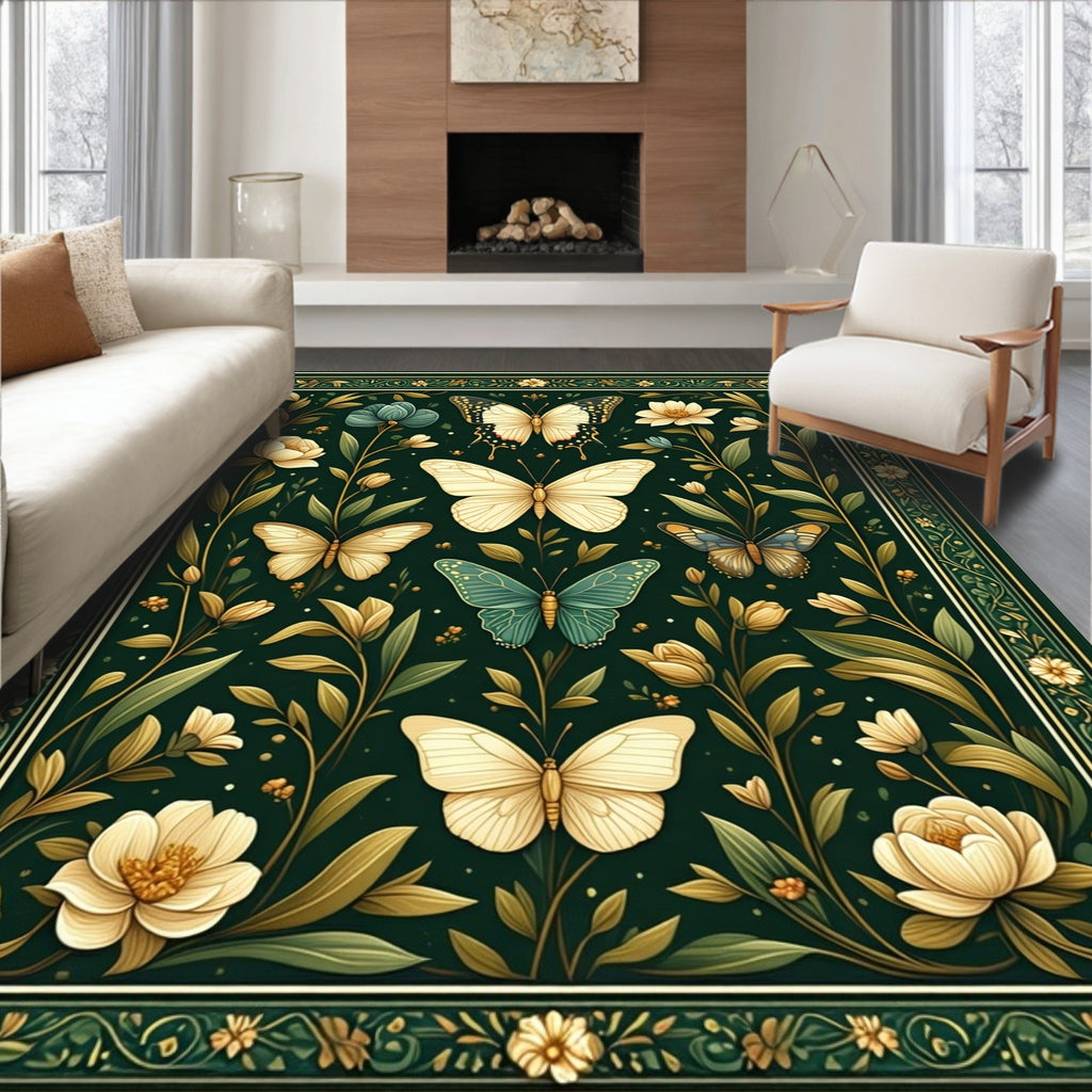 Emerald Butterfly Garden Floral Pattern Rug