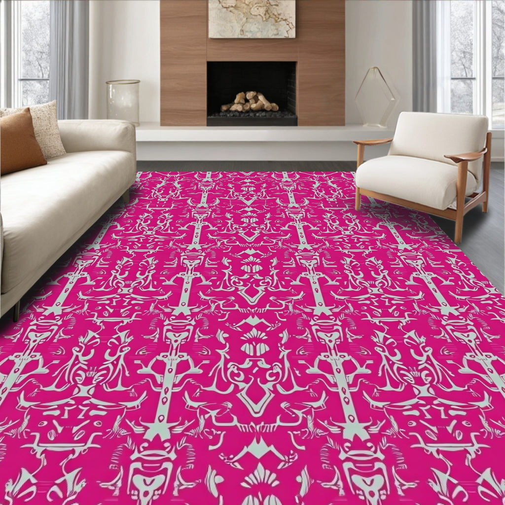 Vibrant Pink Ornamental Scrollwork Rug