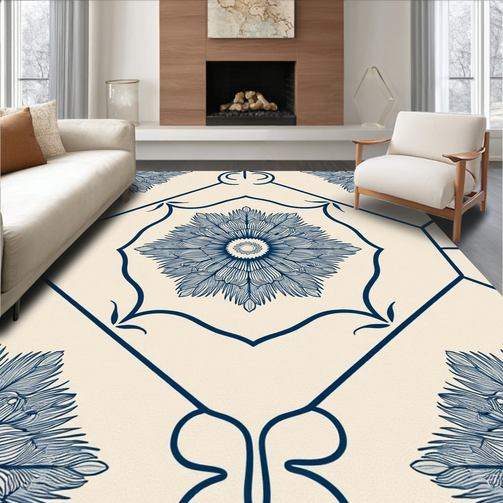 Chinoiserie Blue Floral Medallion Pattern Rug
