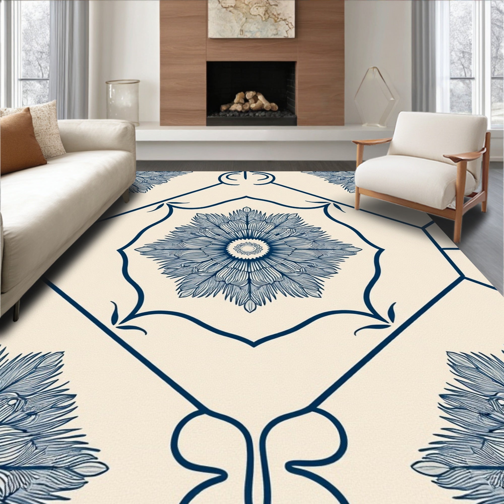 Chinoiserie Blue Floral Medallion Pattern Rug