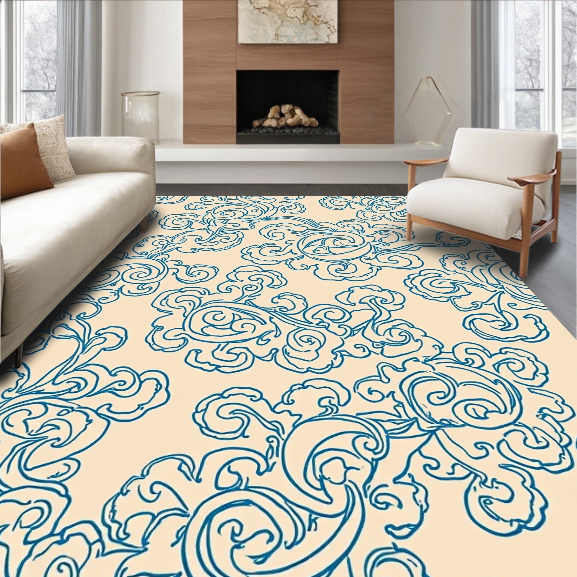 Elegant Blue Swirl Cloud Pattern Rug