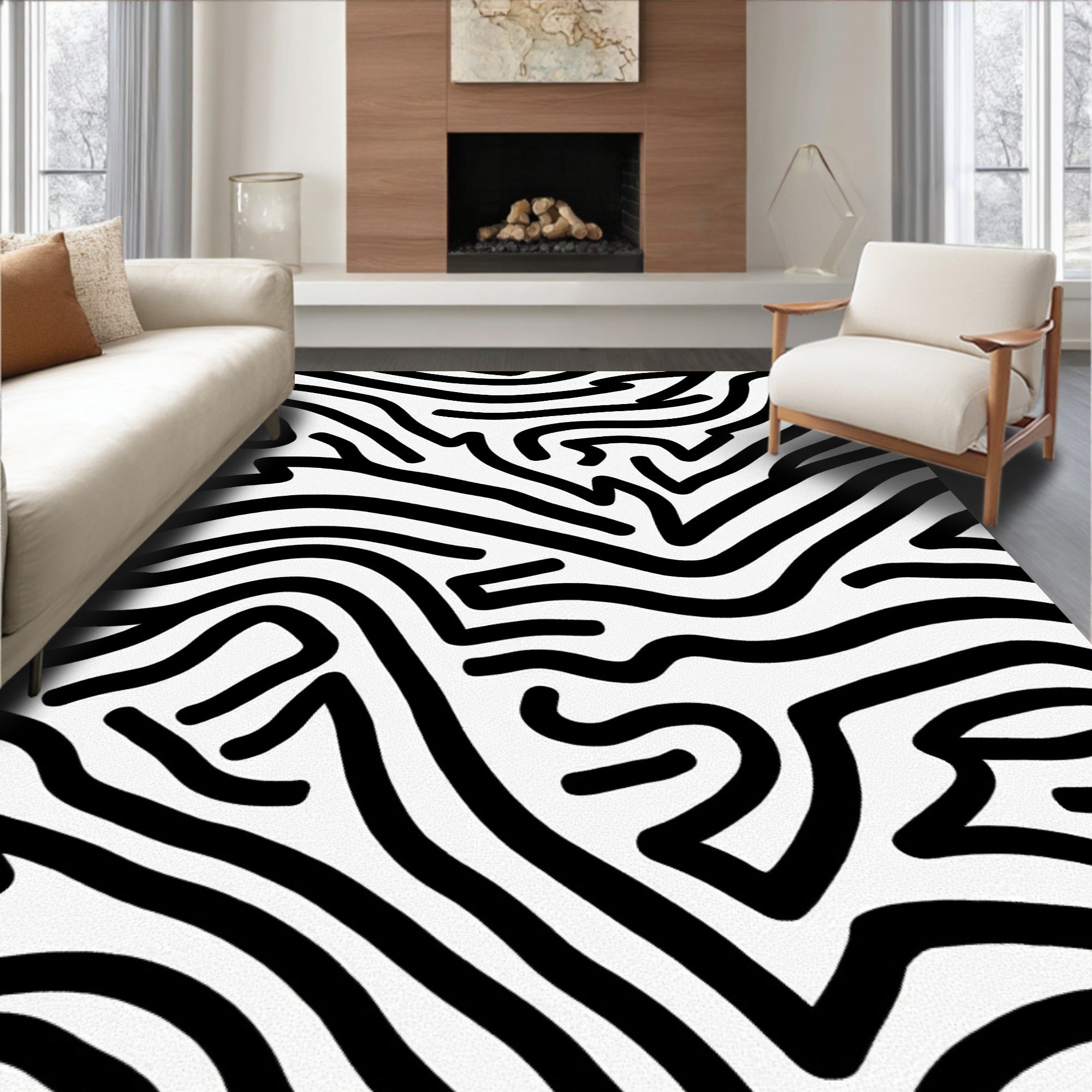 Abstract Black White Wavy Stripes Design Rug