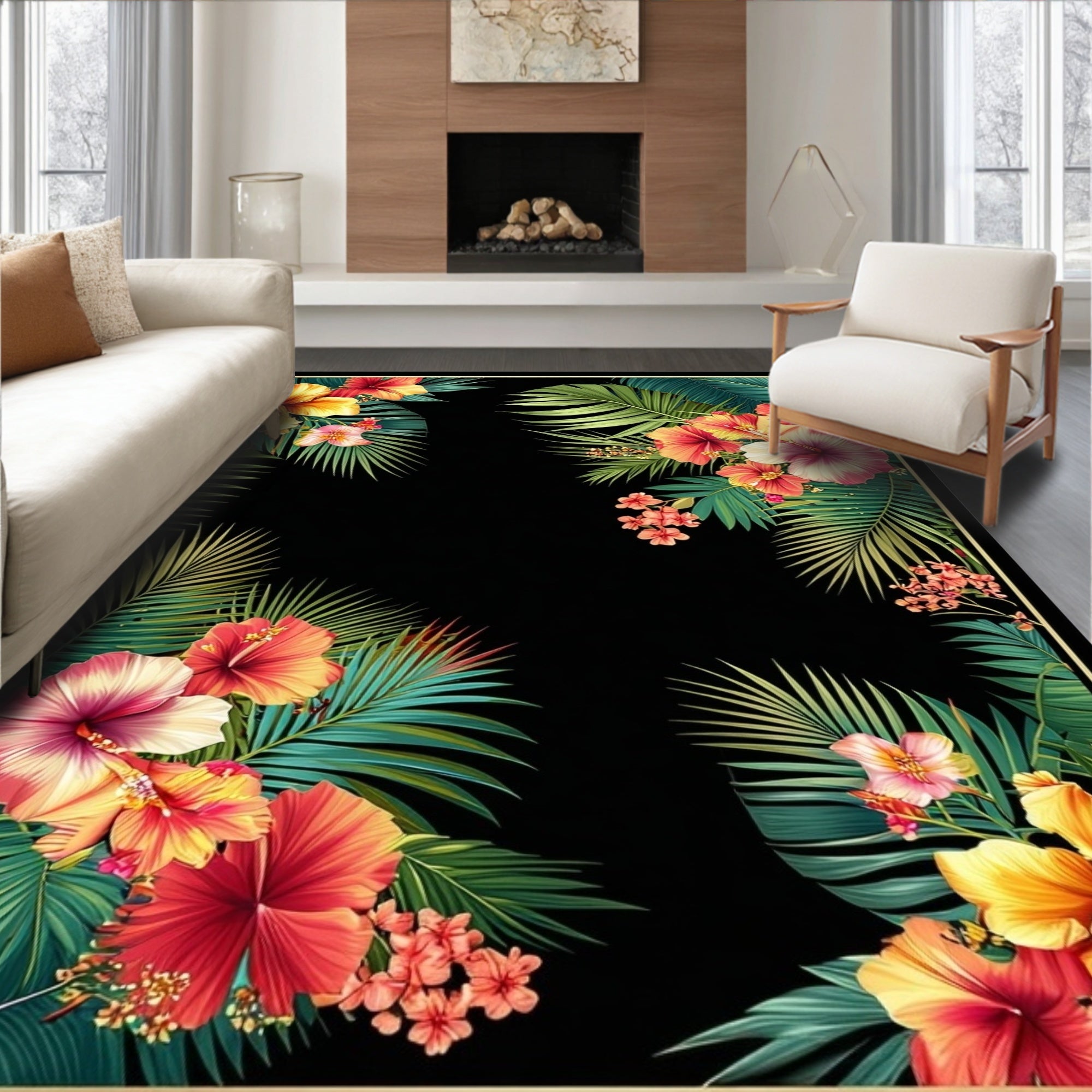 Tropical Floral Leaf Pattern Rug