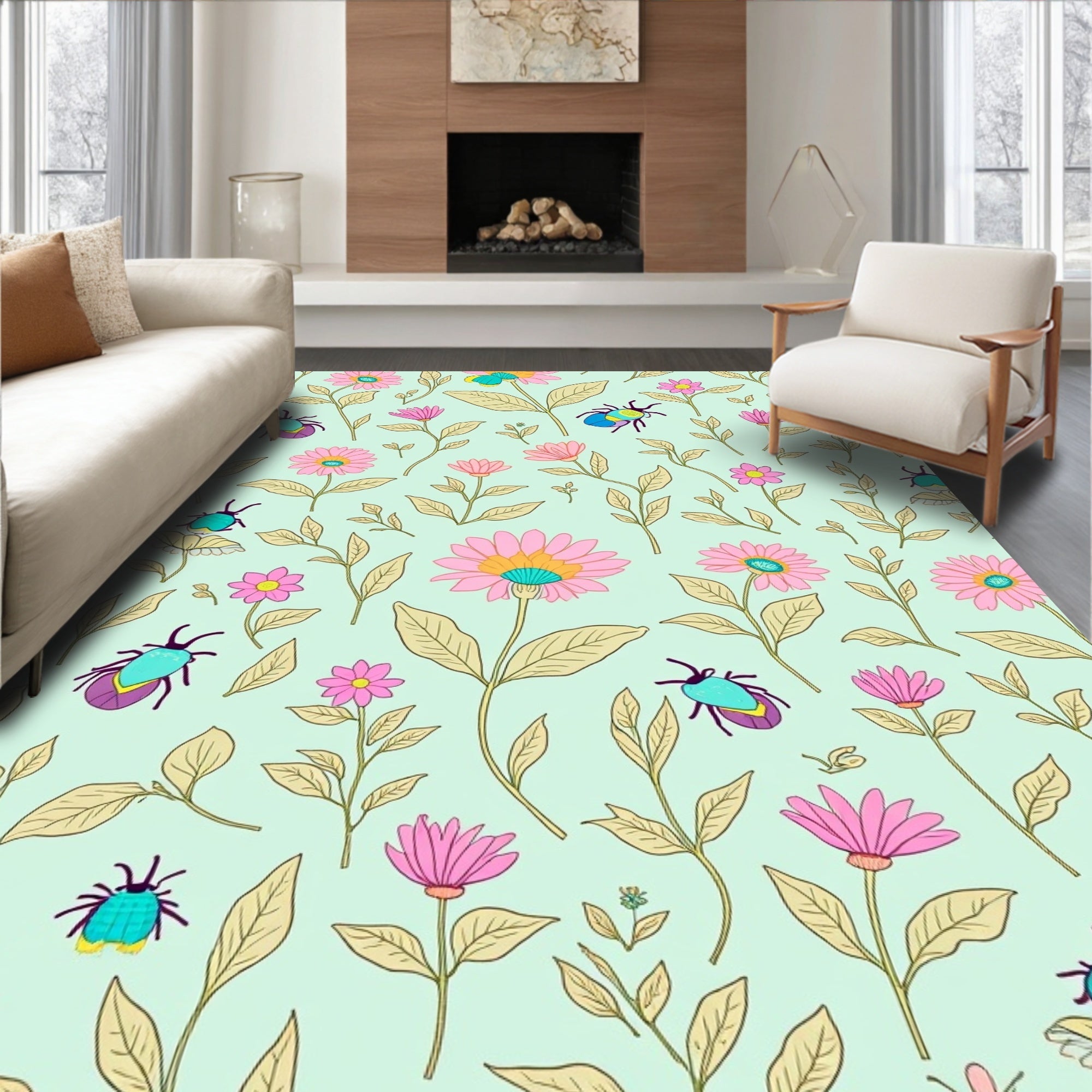 Whimsical Floral 2 Insect Pattern Rug