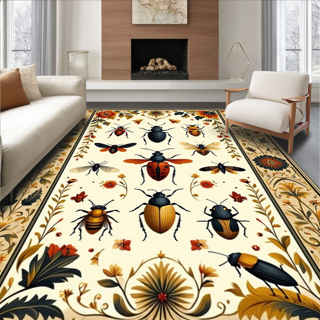 Antique Insect Floral Print Rug