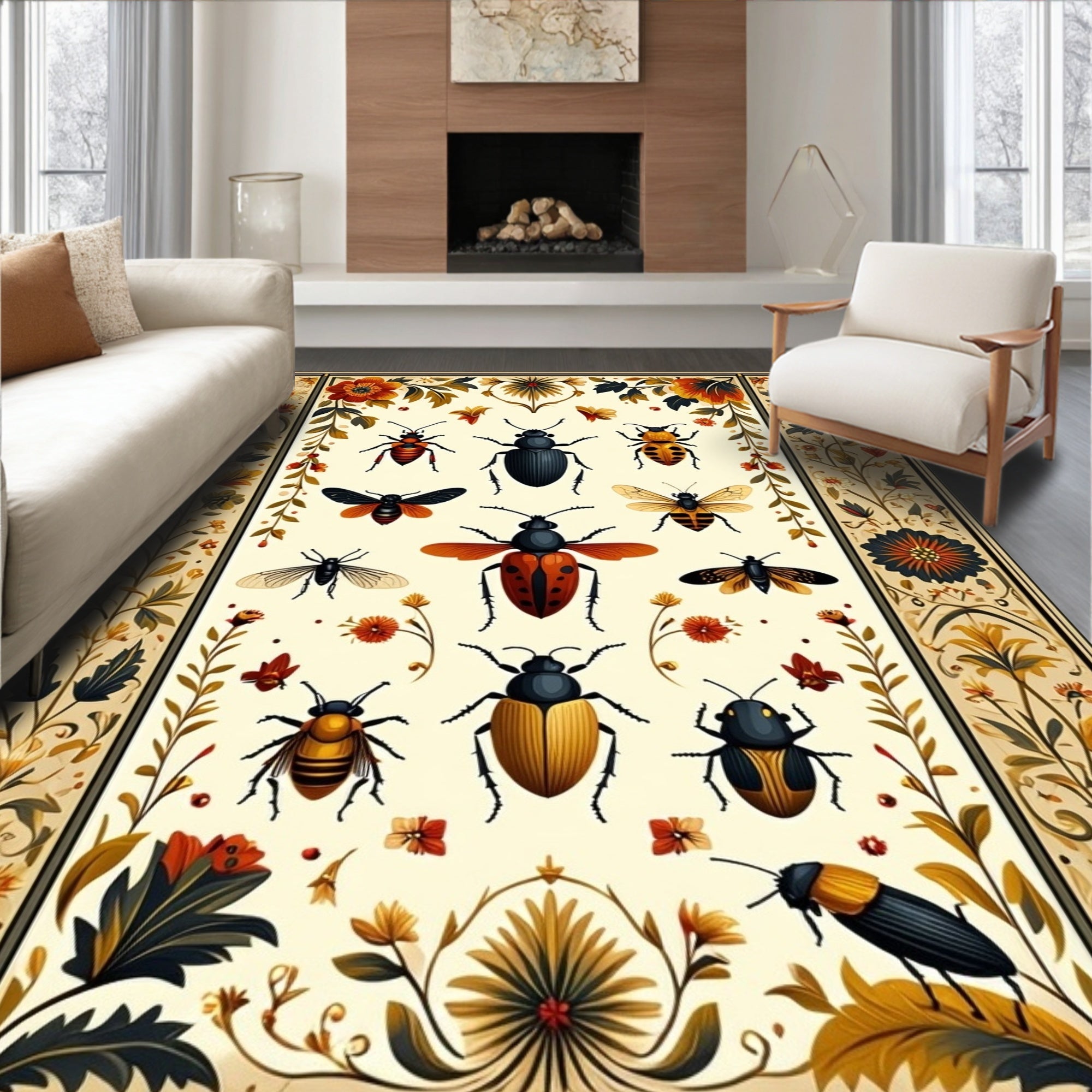 Antique Insect Floral Print Rug