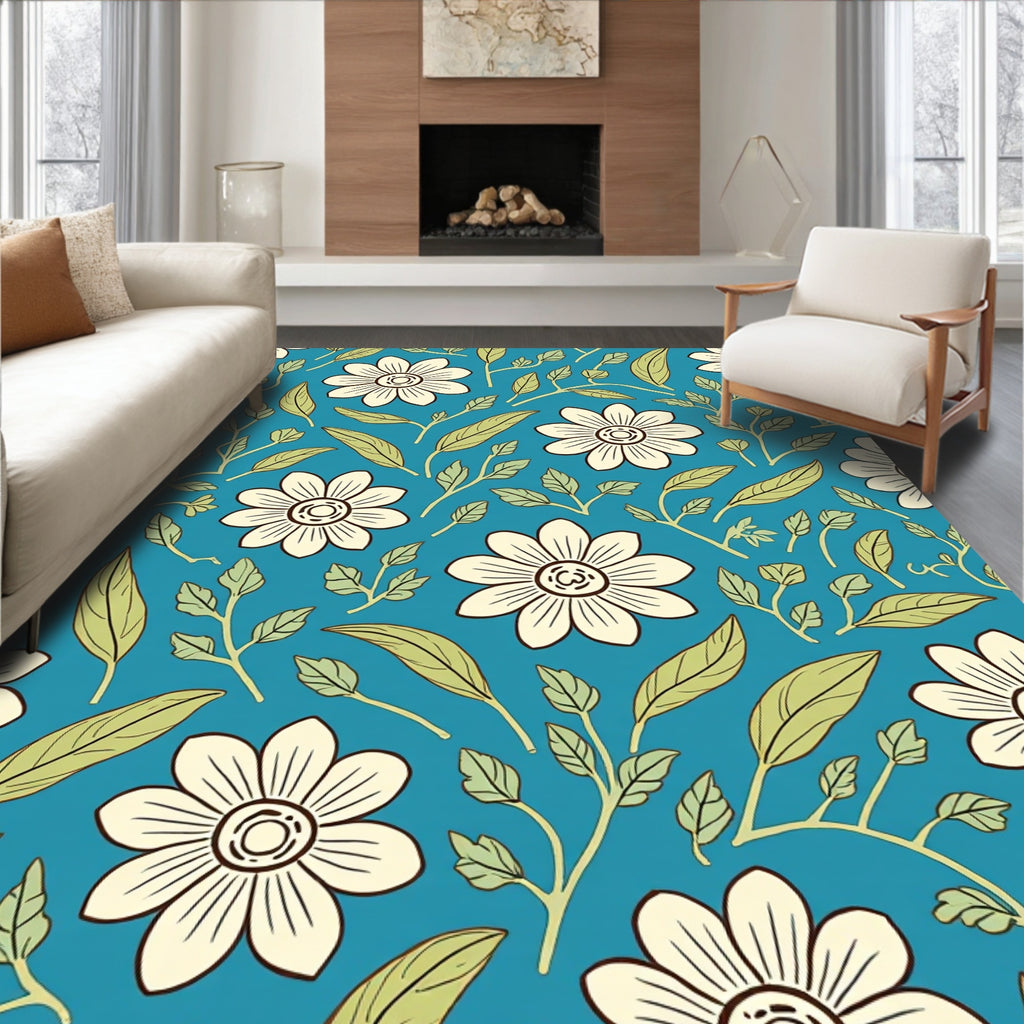 Cream and Green Floral Botanical Motif Rug