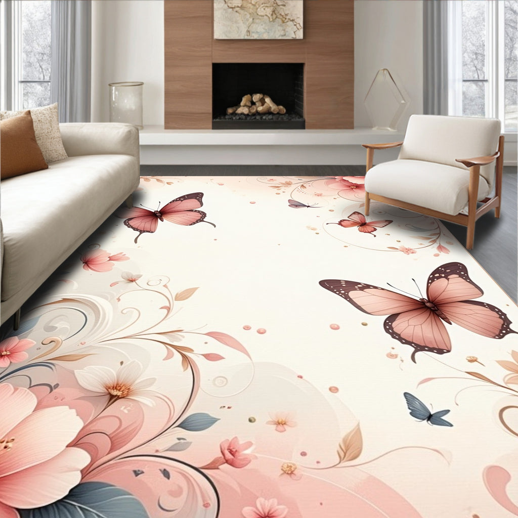 Charming Floral Butterfly Swirl Design Rug
