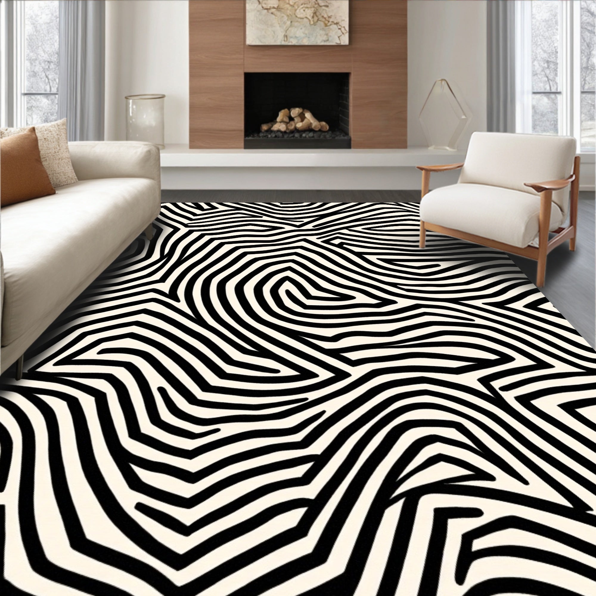 Organic Abstract Black White Pattern Rug