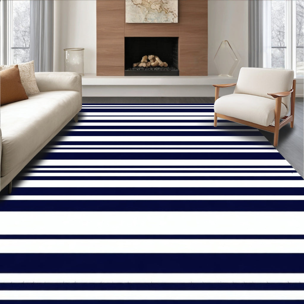Bold Navy White Striped Classic Pattern Rug