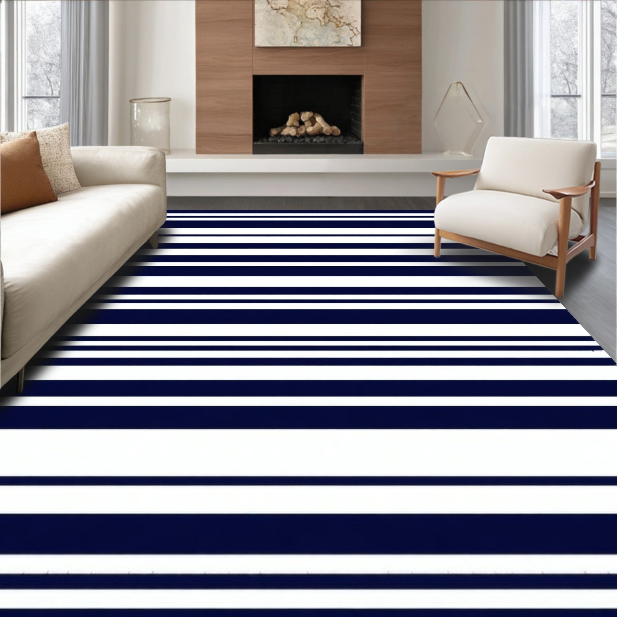 Bold Navy White Striped Classic Pattern Rug