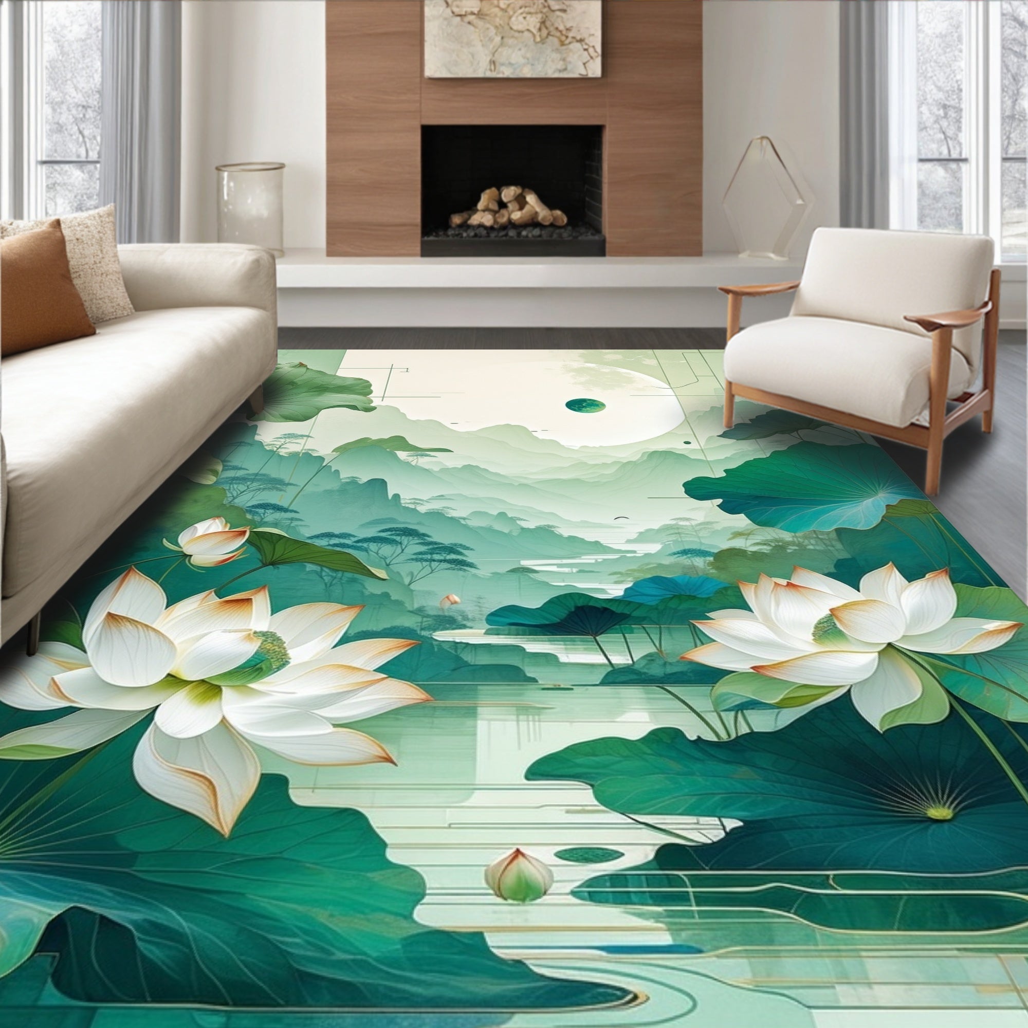 Serene Lotus Mountains Landscape Rug