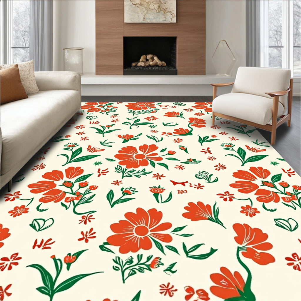 Bright Orange Floral Botanical Design Rug