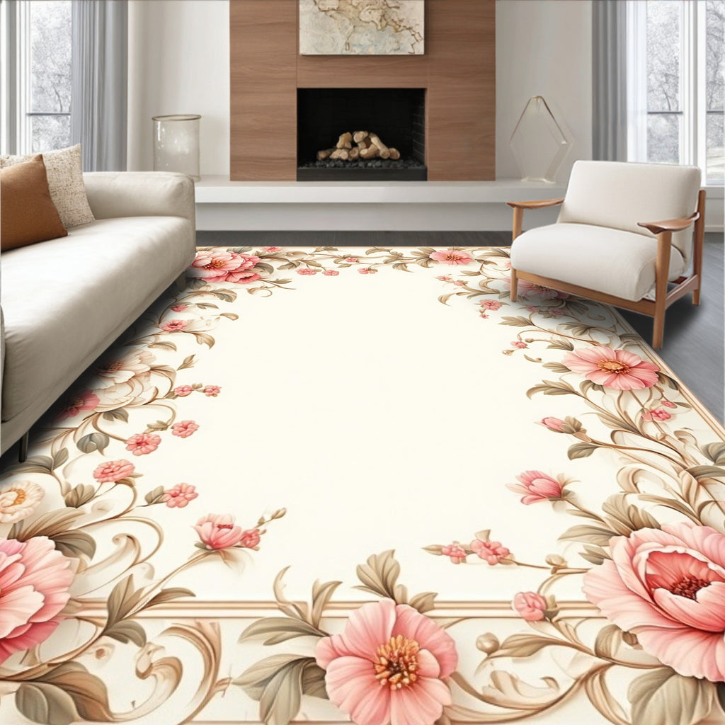 Elegant Pink Floral Vine Swirl Rug