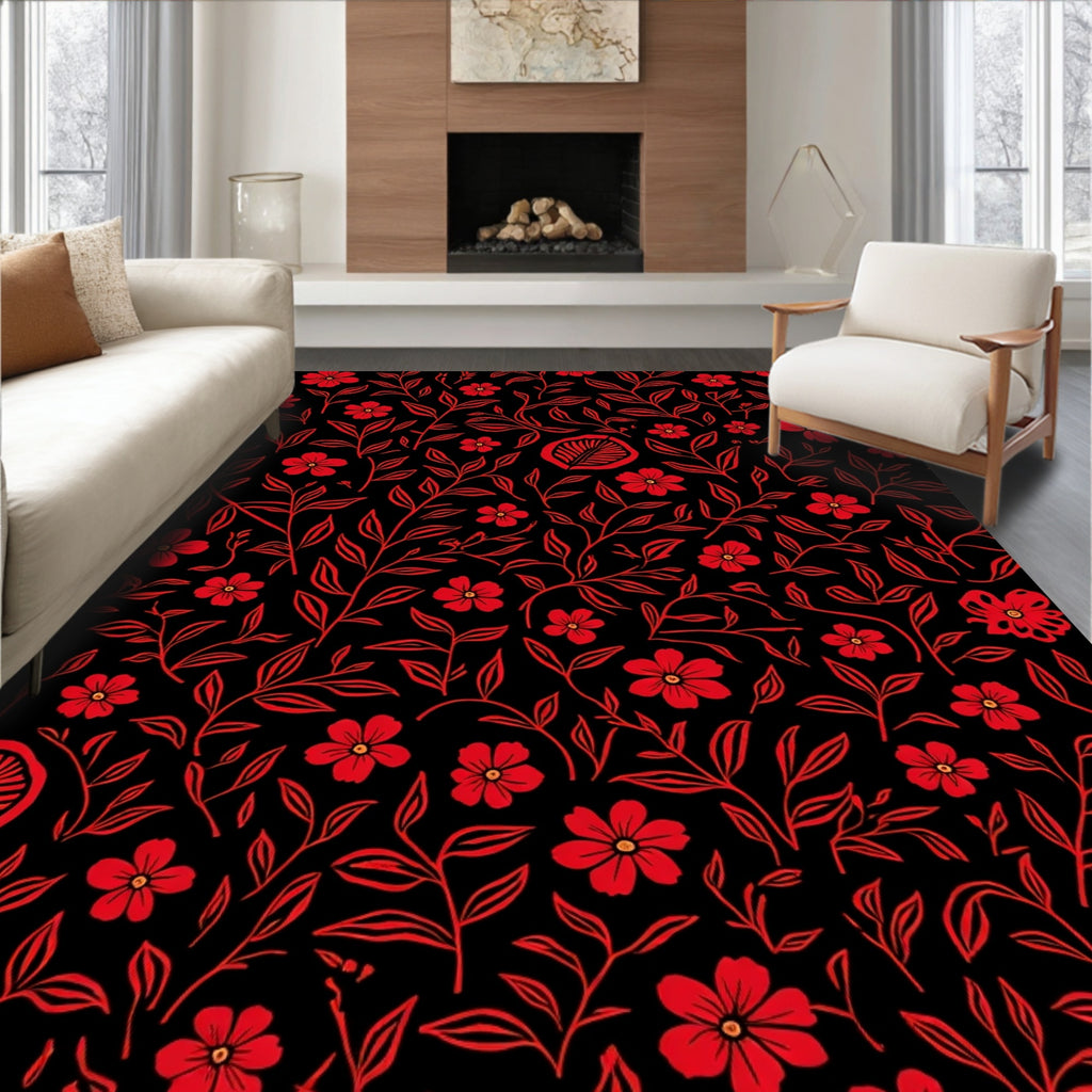 Bold Red Floral Vine Pattern Rug
