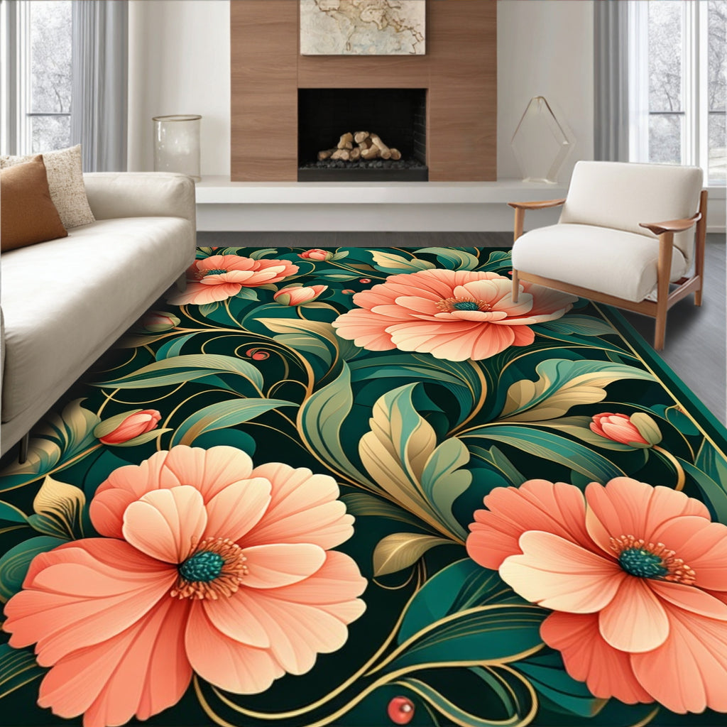 Coral Floral Botanical Art Rug
