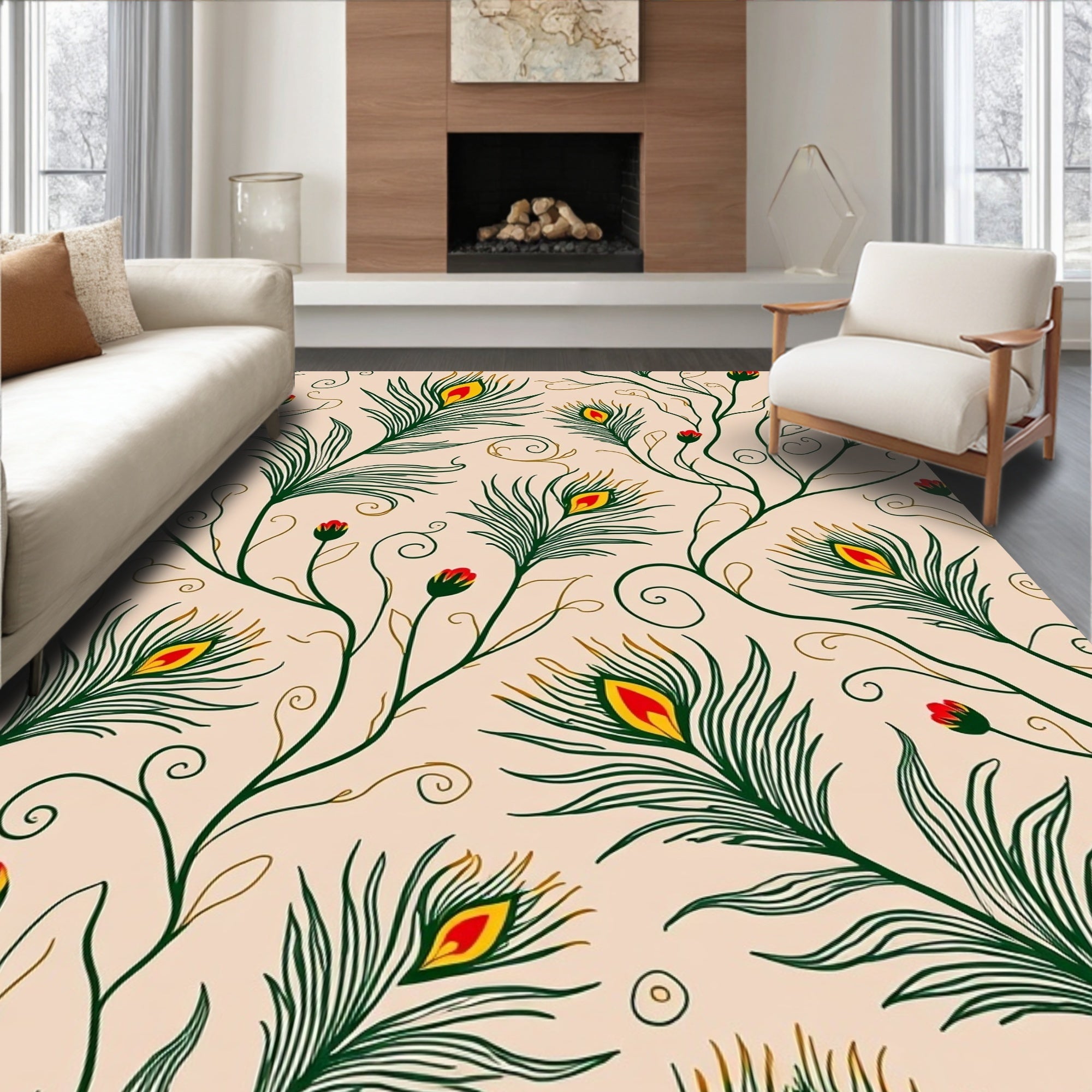 Peacock Feather Vine Pattern Decor Rug