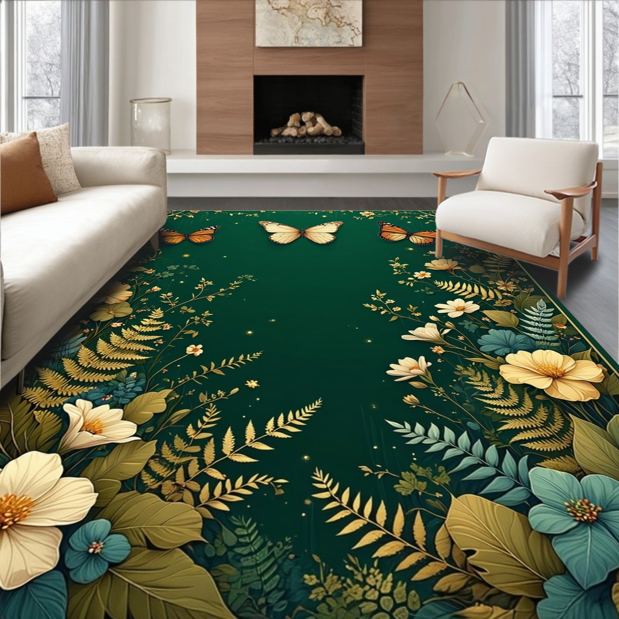 Enchanted Garden Butterfly Floral Pattern Rug