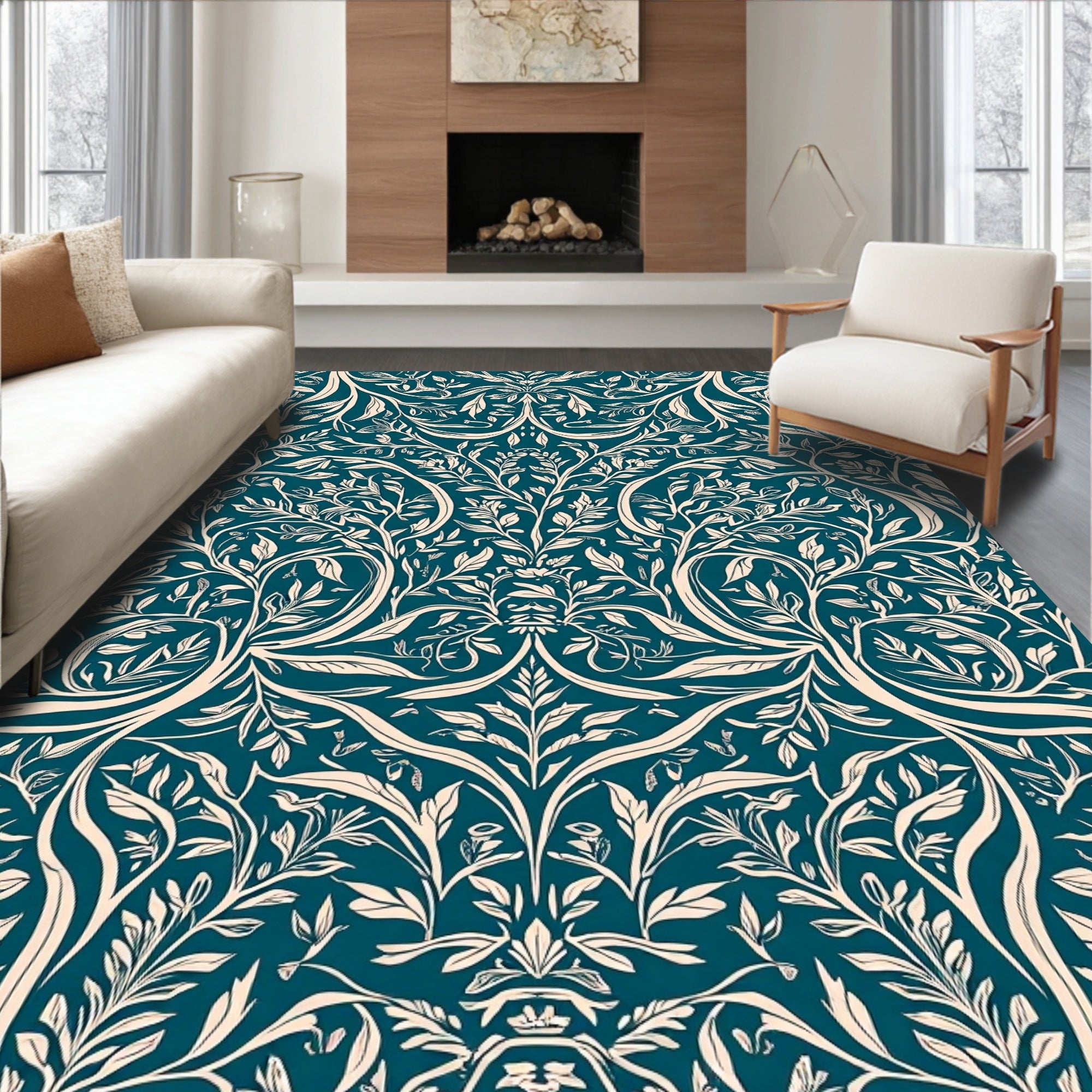 Teal Cream Vintage Floral Pattern Rug
