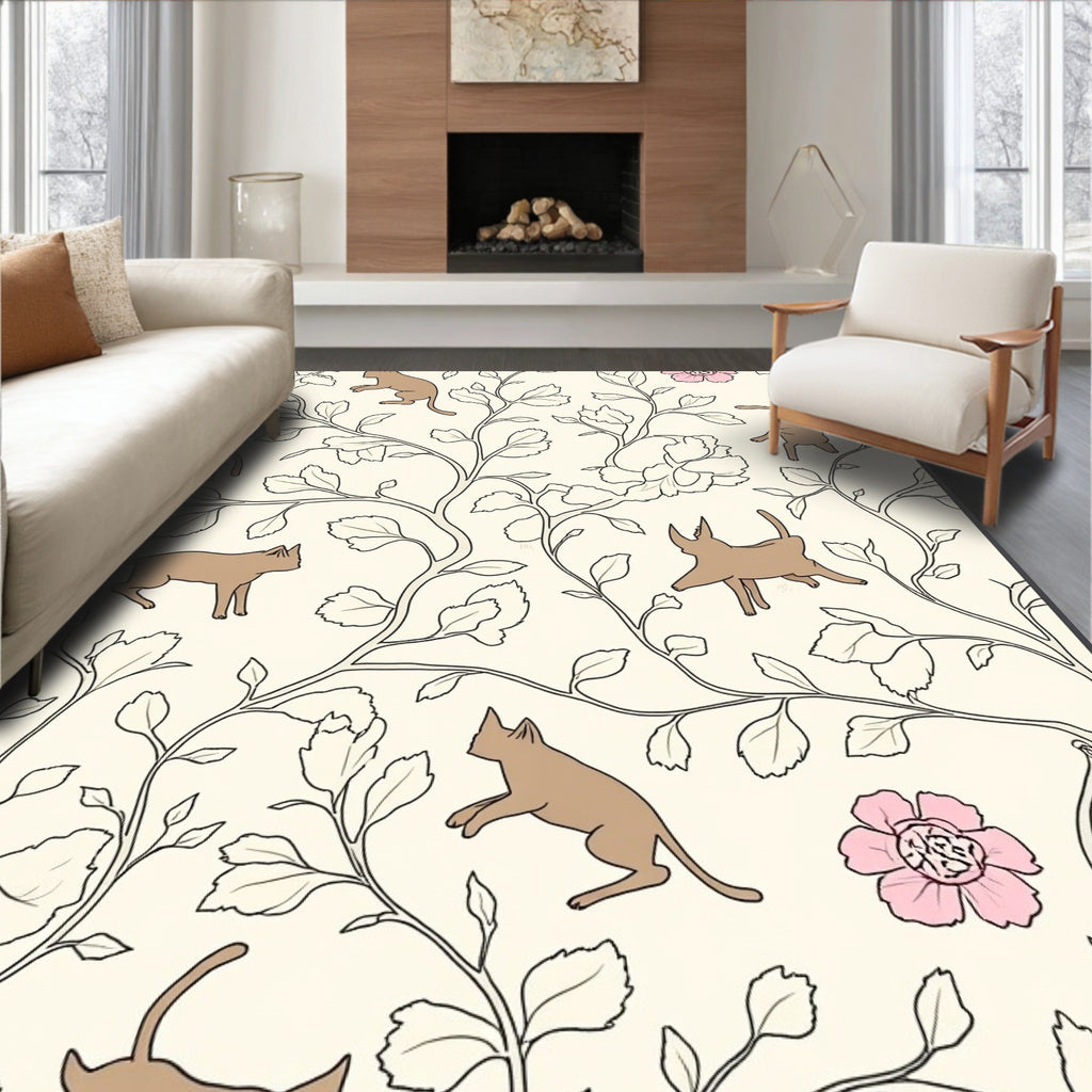 Whimsical Cats Floral Vine Pattern Rug