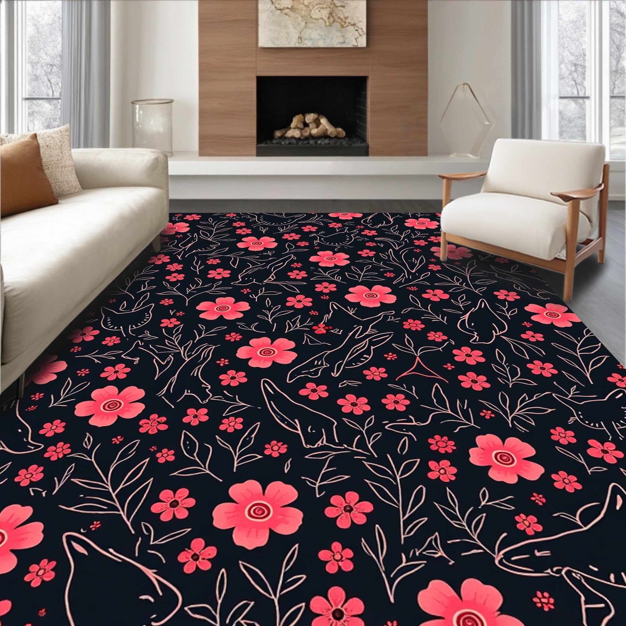 Whimsical Pink Floral Animal Pattern Rug