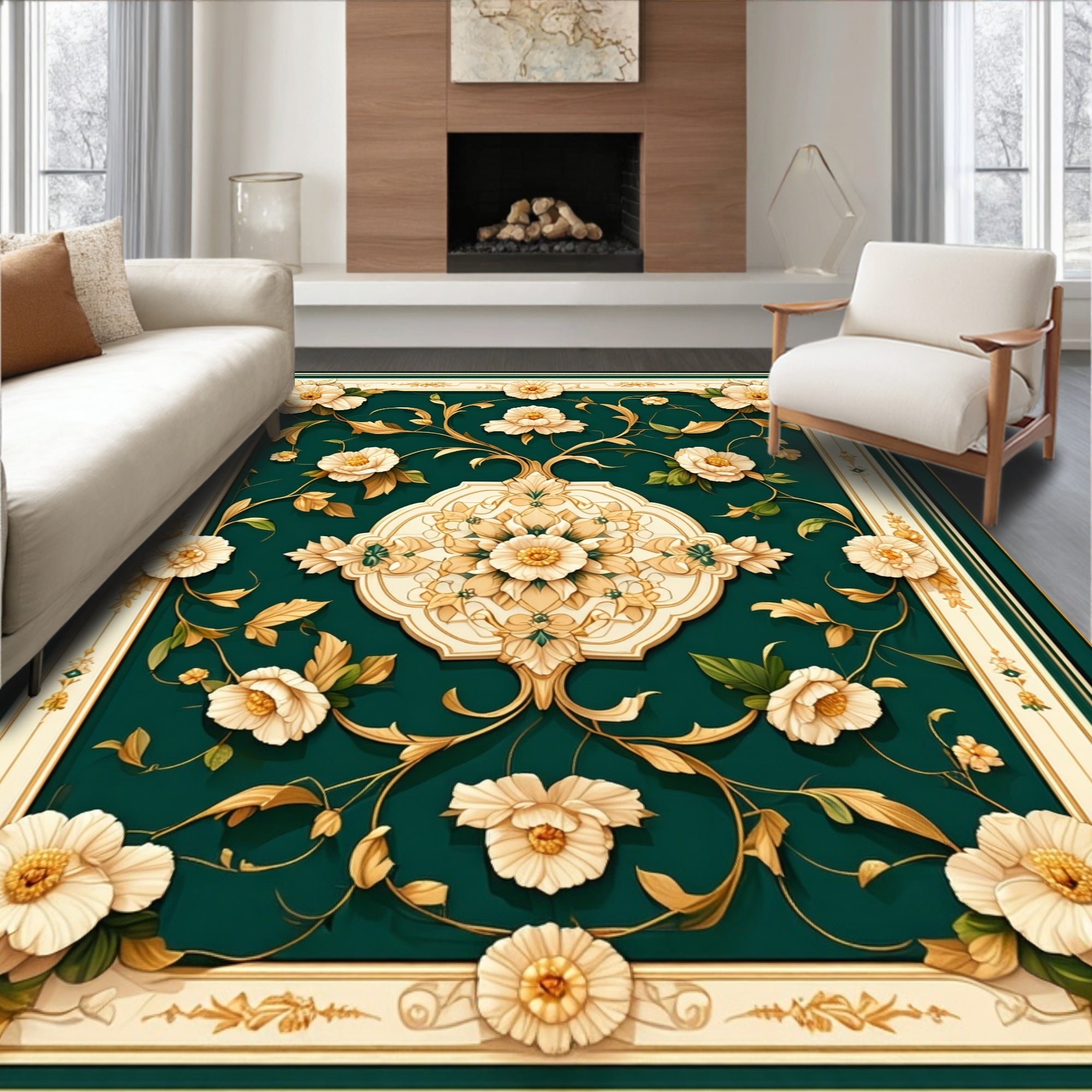 Elegant Floral Swirl Emerald Pattern Rug