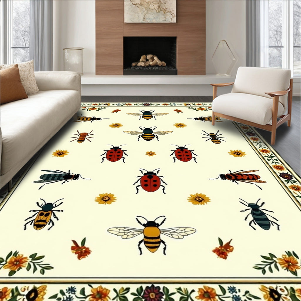 Whimsical Insects Floral Pattern Rug