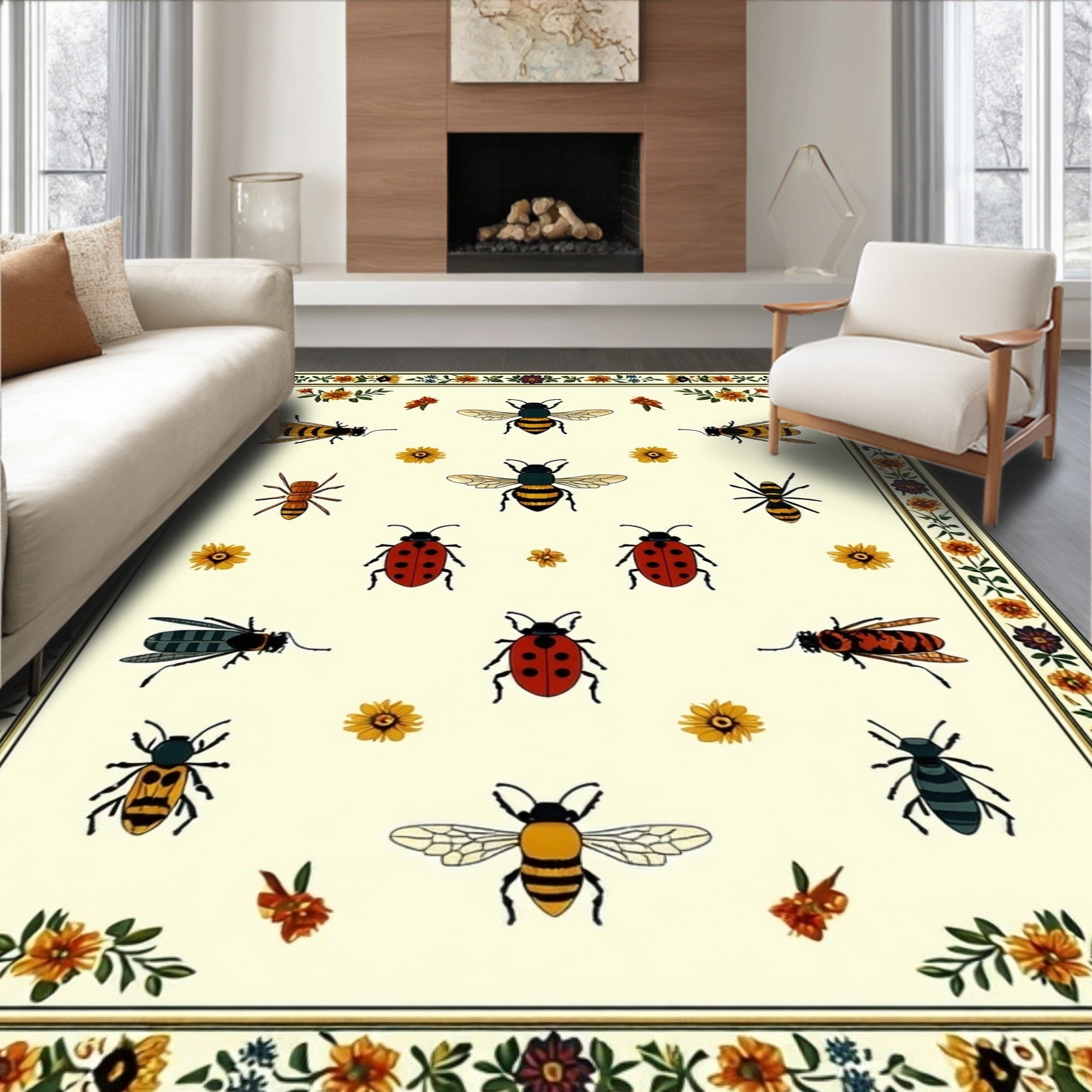 Whimsical Insects Floral Pattern Rug