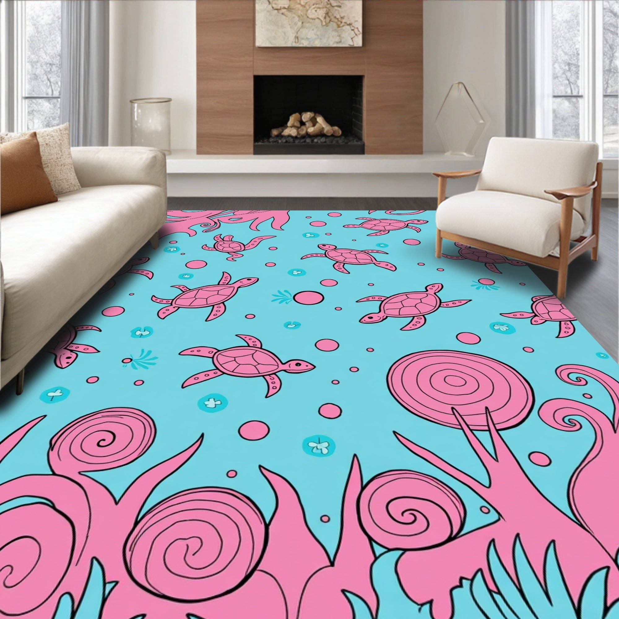 Whimsical Pink Sea Turtle Pattern Rug