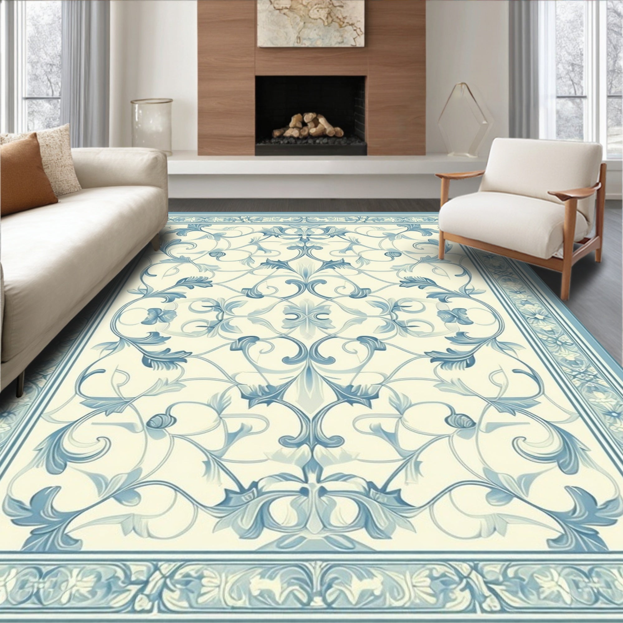 Elegant Blue Floral Swirl Pattern Rug