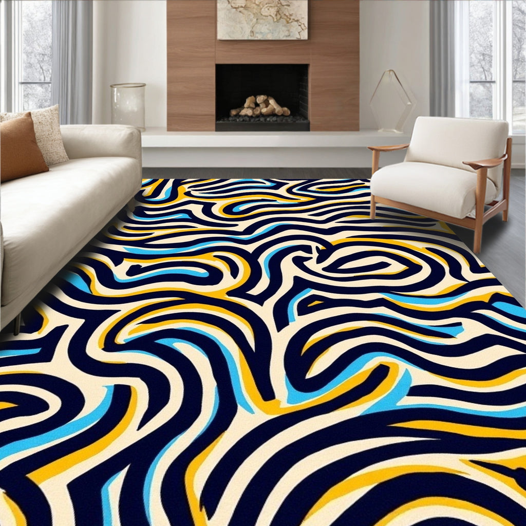 Abstract Wavy Lines Blue Yellow Rug