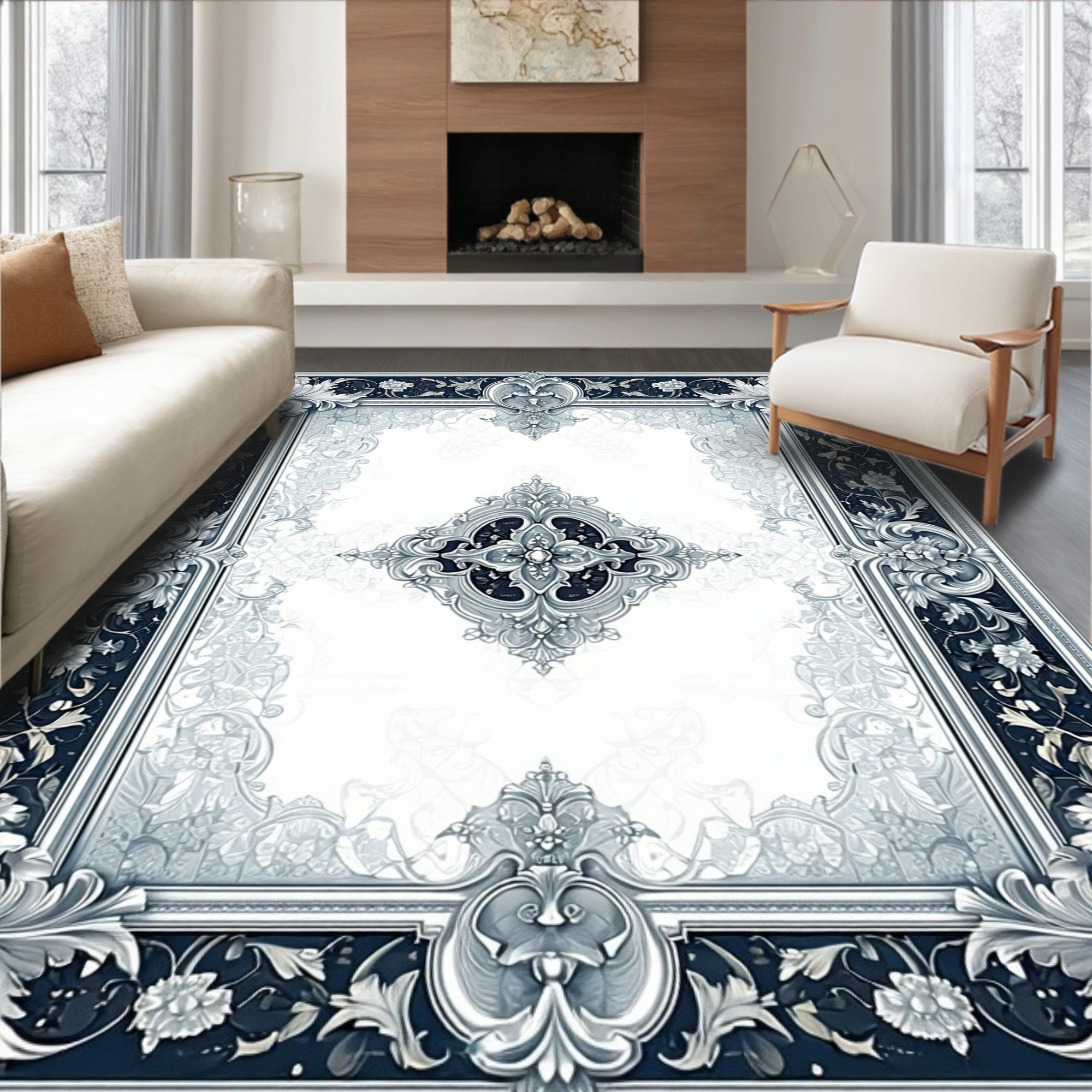 Ornate Floral Crest Grey Rug