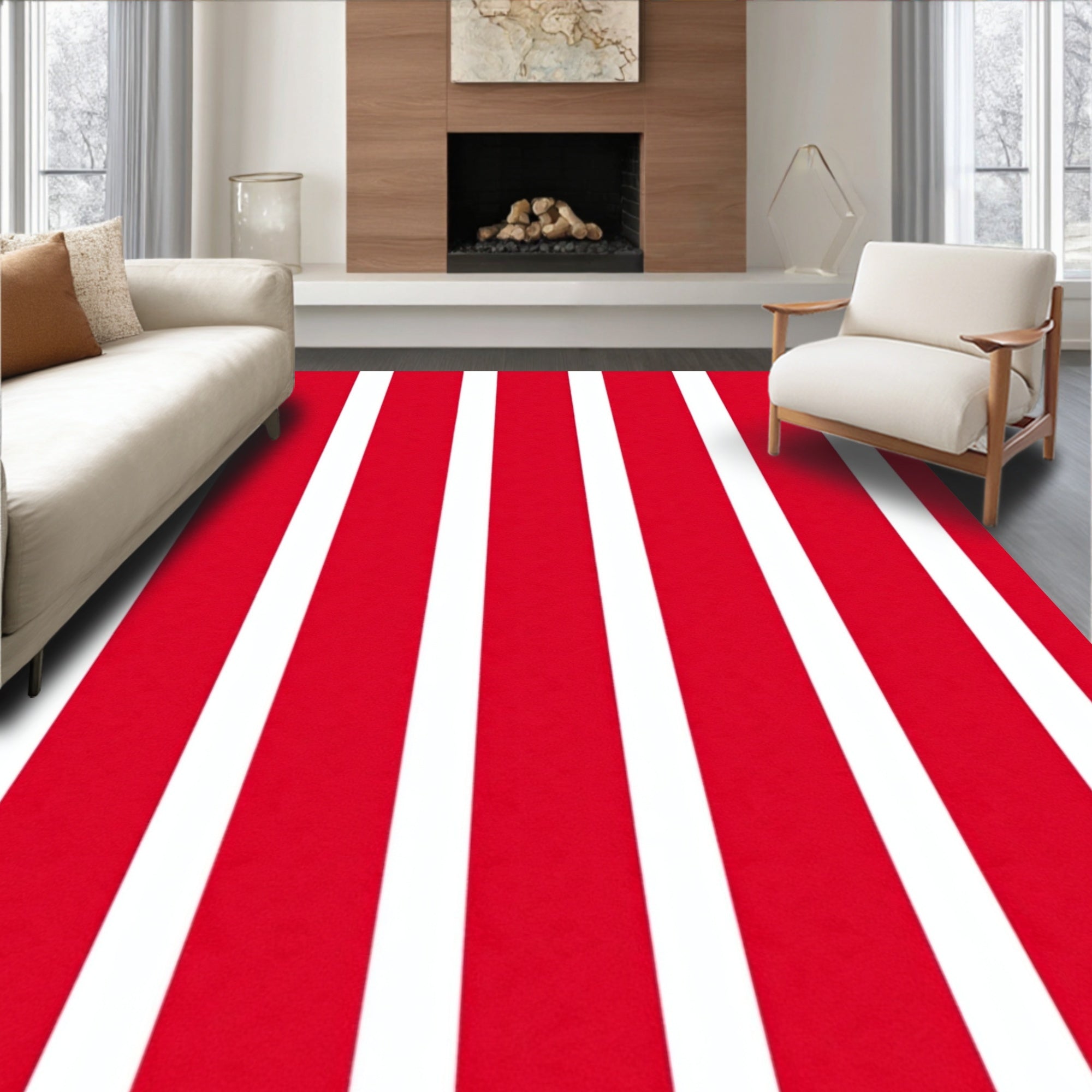 Bold Red White Parallel Bands Rug