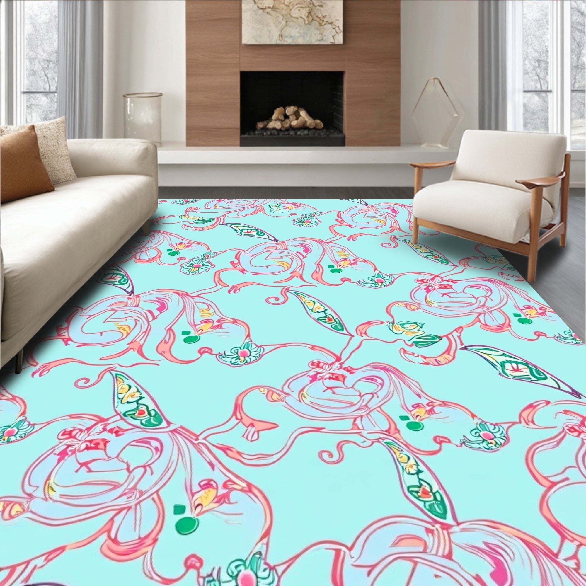 Whimsical Floral Swirl Pattern Design Rug