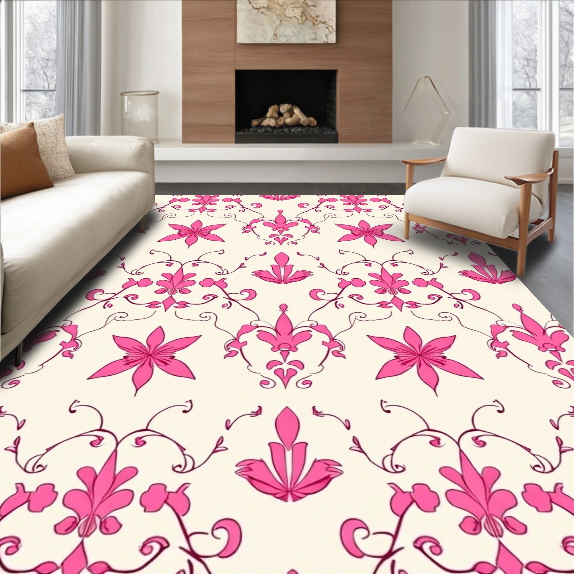 Pink Floral Swirl Pattern Design Rug