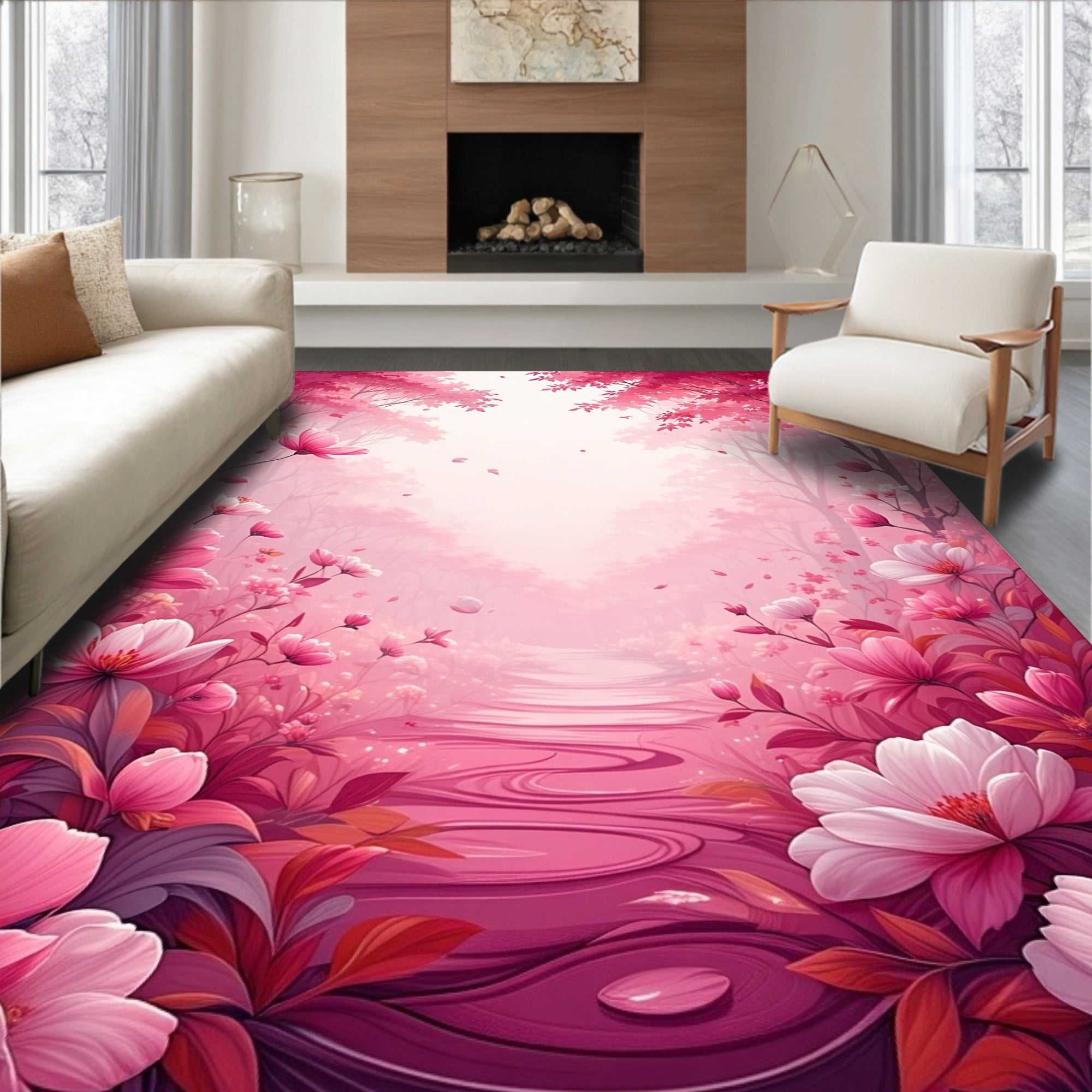 Whimsical Pink Floral Forest Path Rug