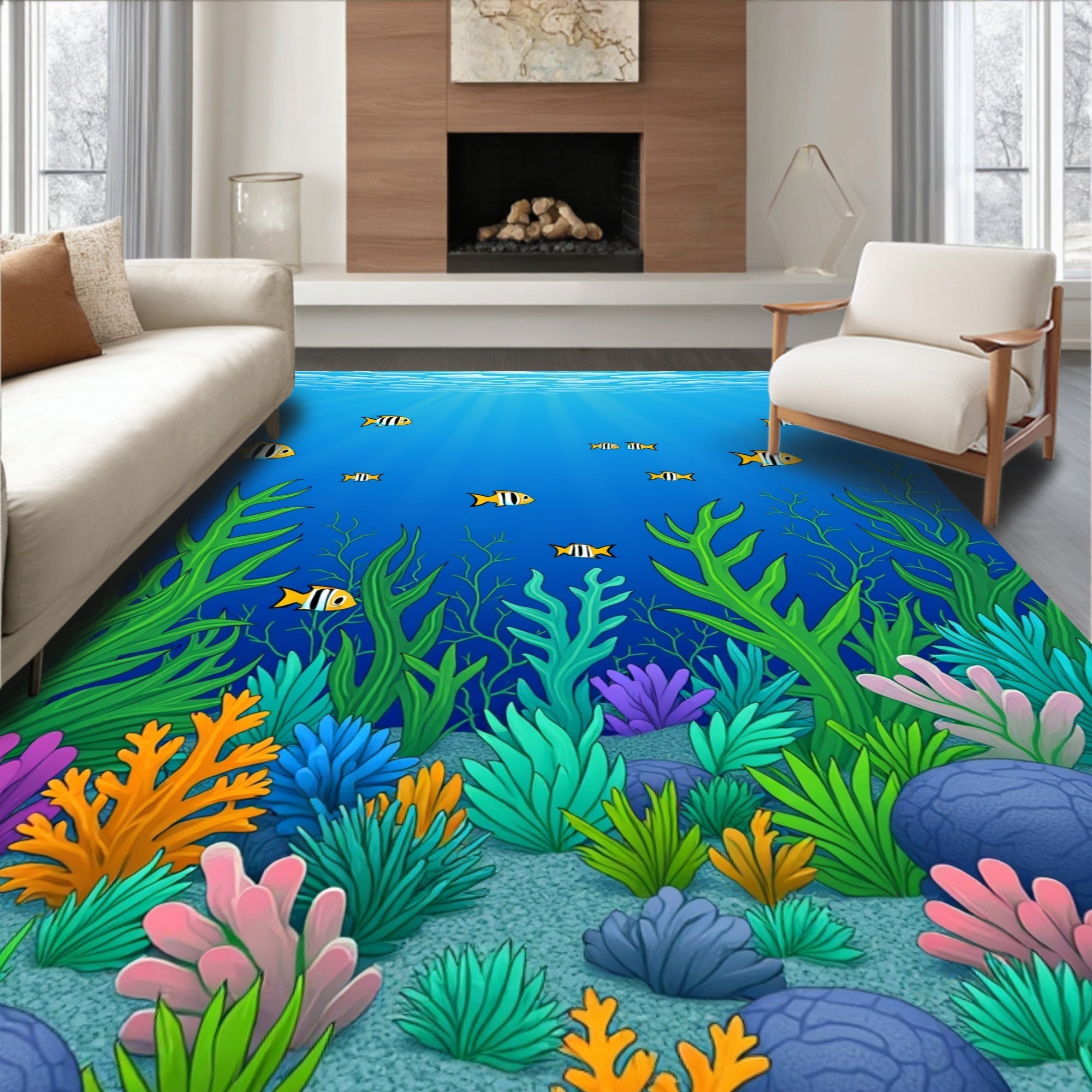 Underwater Coral Reef Fish Graphic Pattern Rug