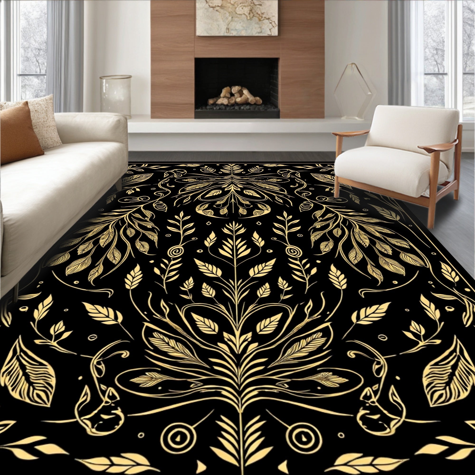 Golden Floral Vine Art Rug
