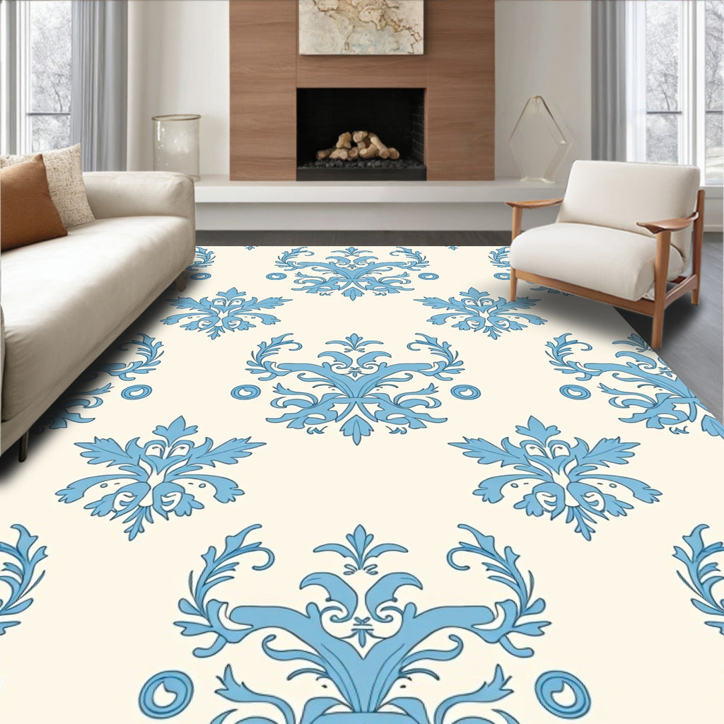 Classic Blue Floral Acanthus Damask Pattern Rug