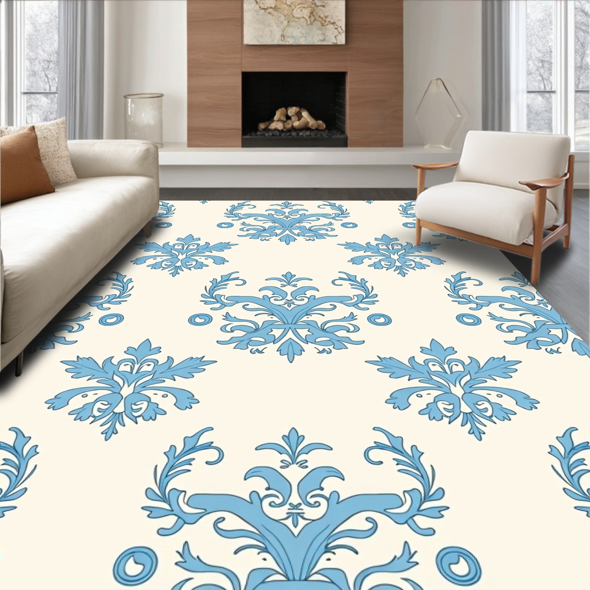 Classic Blue Floral Acanthus Damask Pattern Rug
