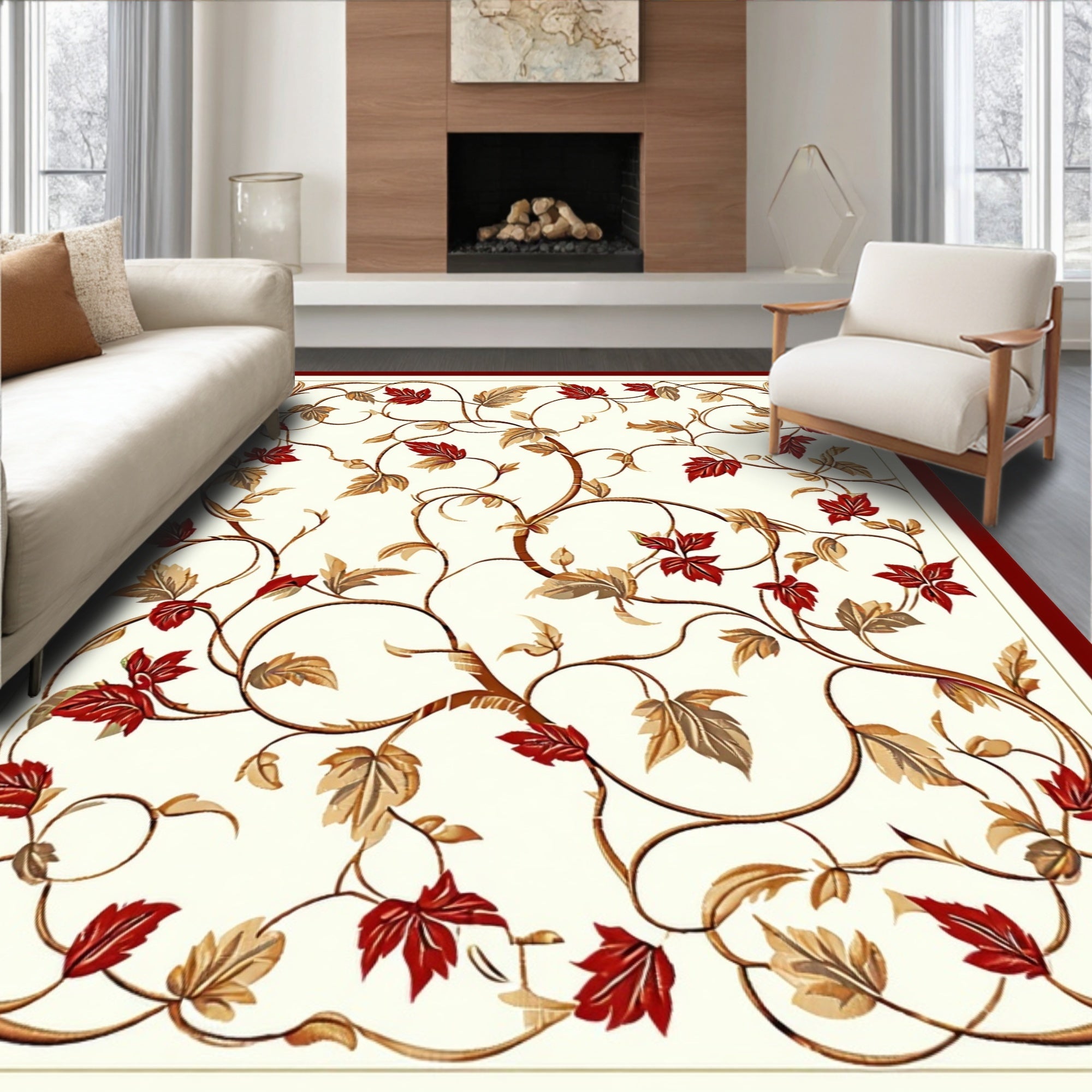 Floral Vine With Red Leaves Design Rug
