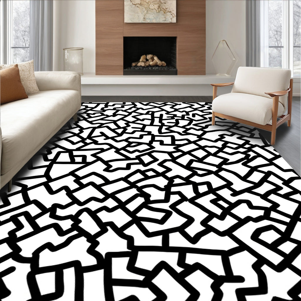 Abstract Black White Maze Pattern Rug