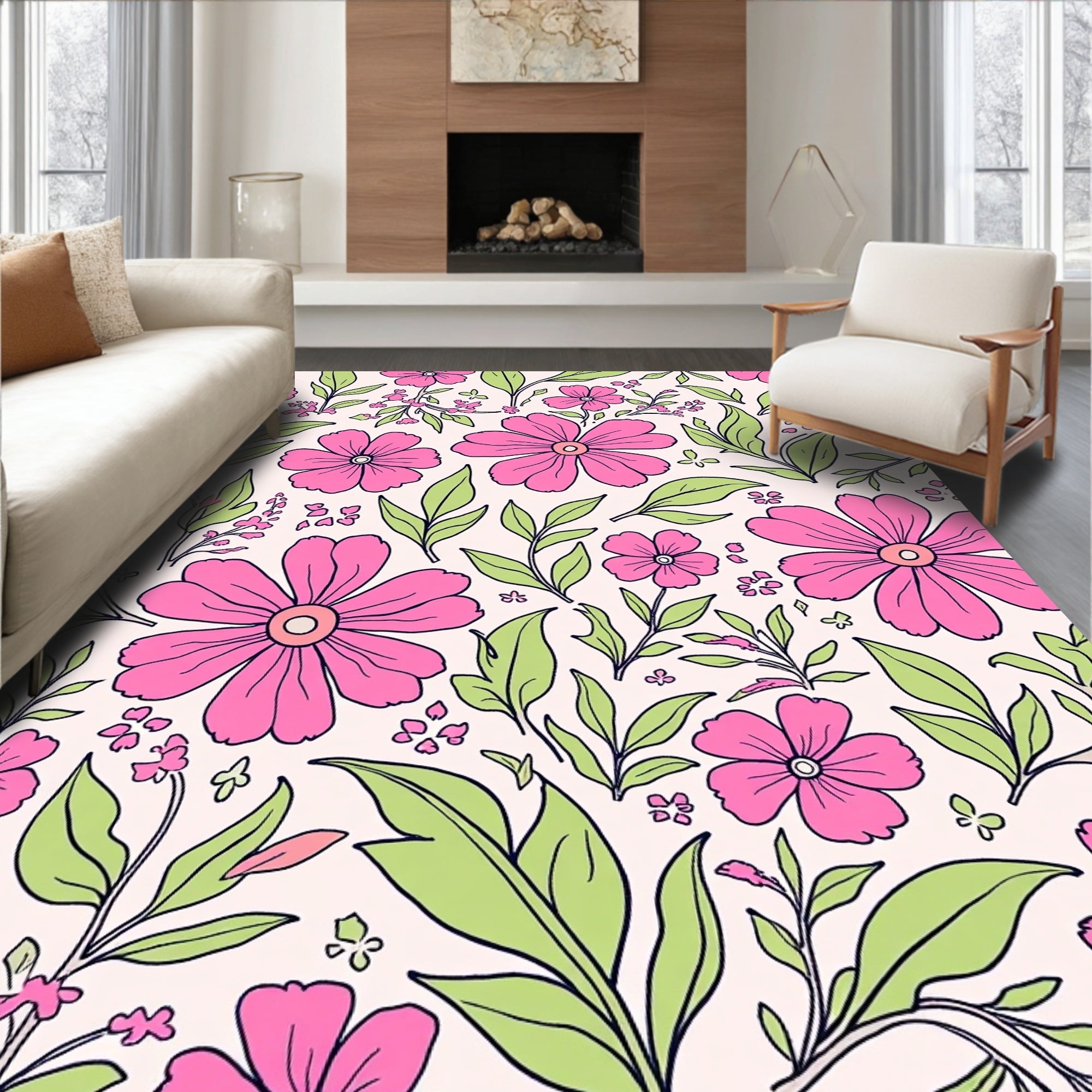 Pink Floral Pattern with Leaves Rug