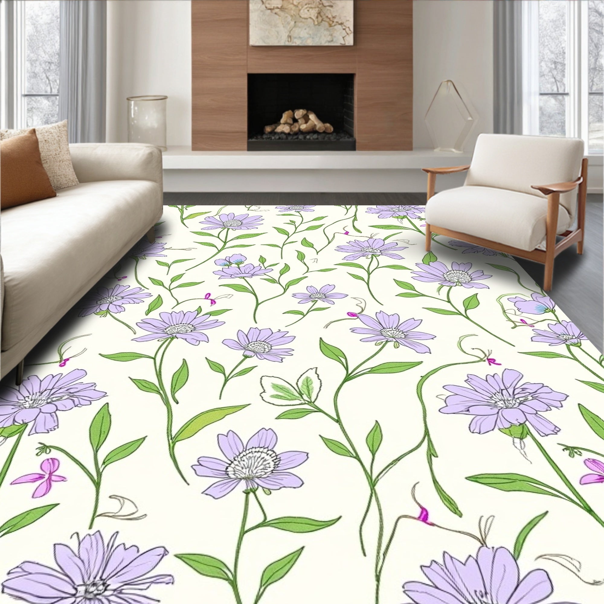 Floral Vine Lavender Daisy Pattern Rug
