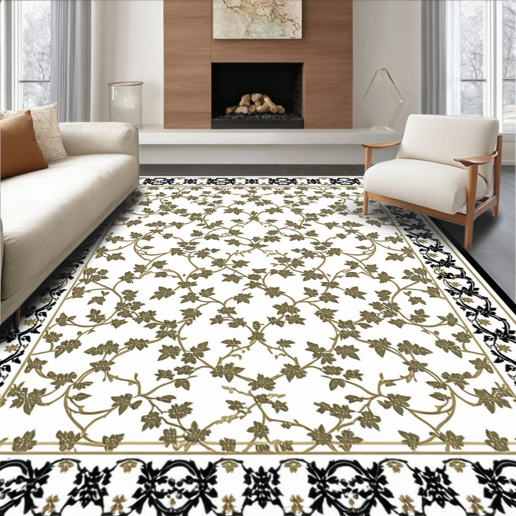 Golden Floral Vines with Black Border Rug