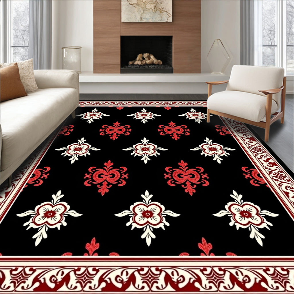 Rich Black Crimson Floral Medallion Border Rug