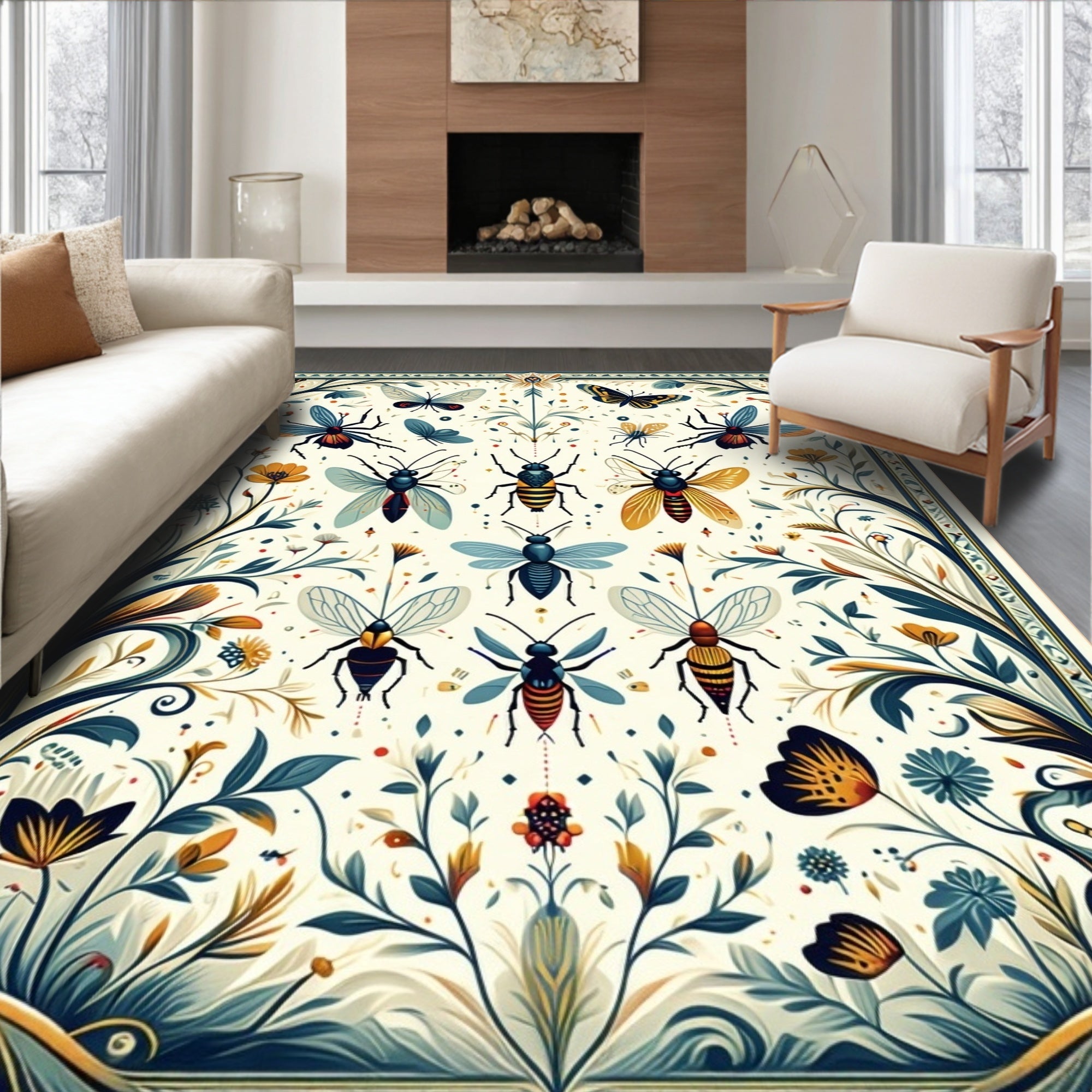 Art Nouveau Insect and Floral Pattern Rug