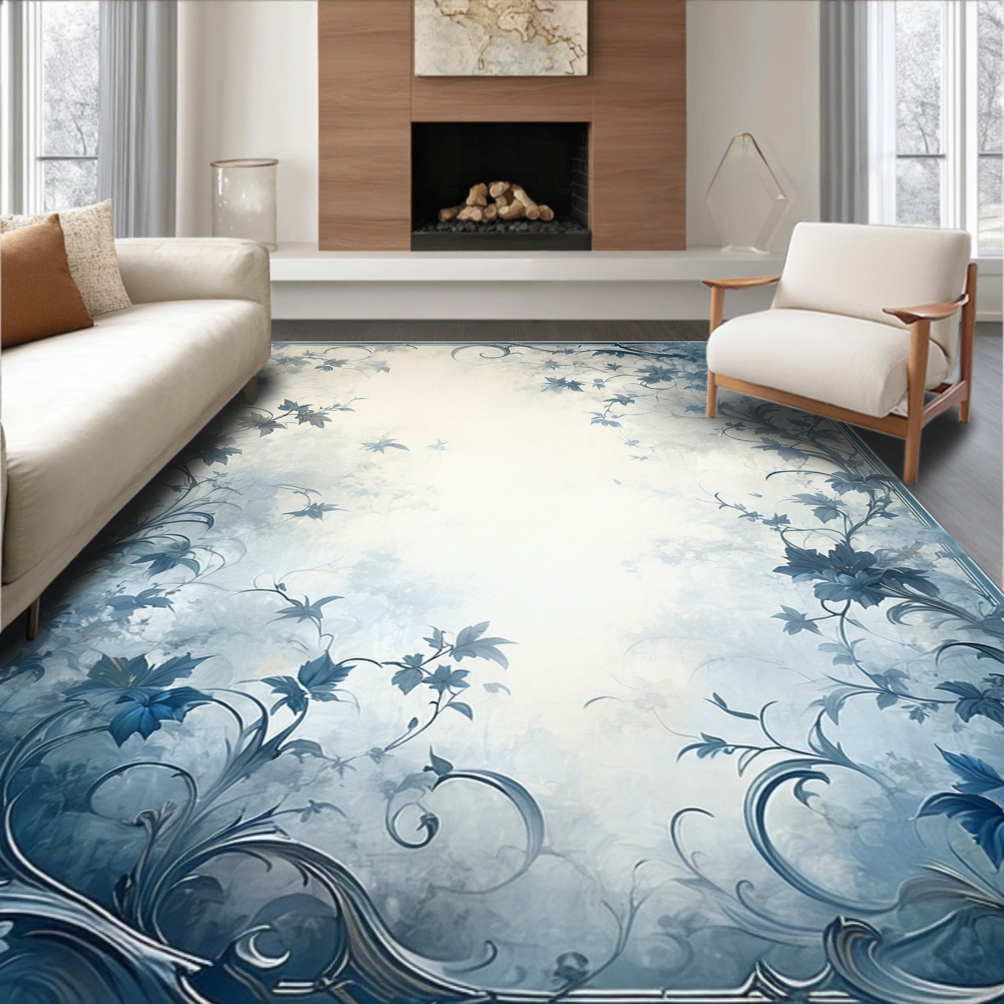 Elegant Blue Floral Vine Pattern Rug