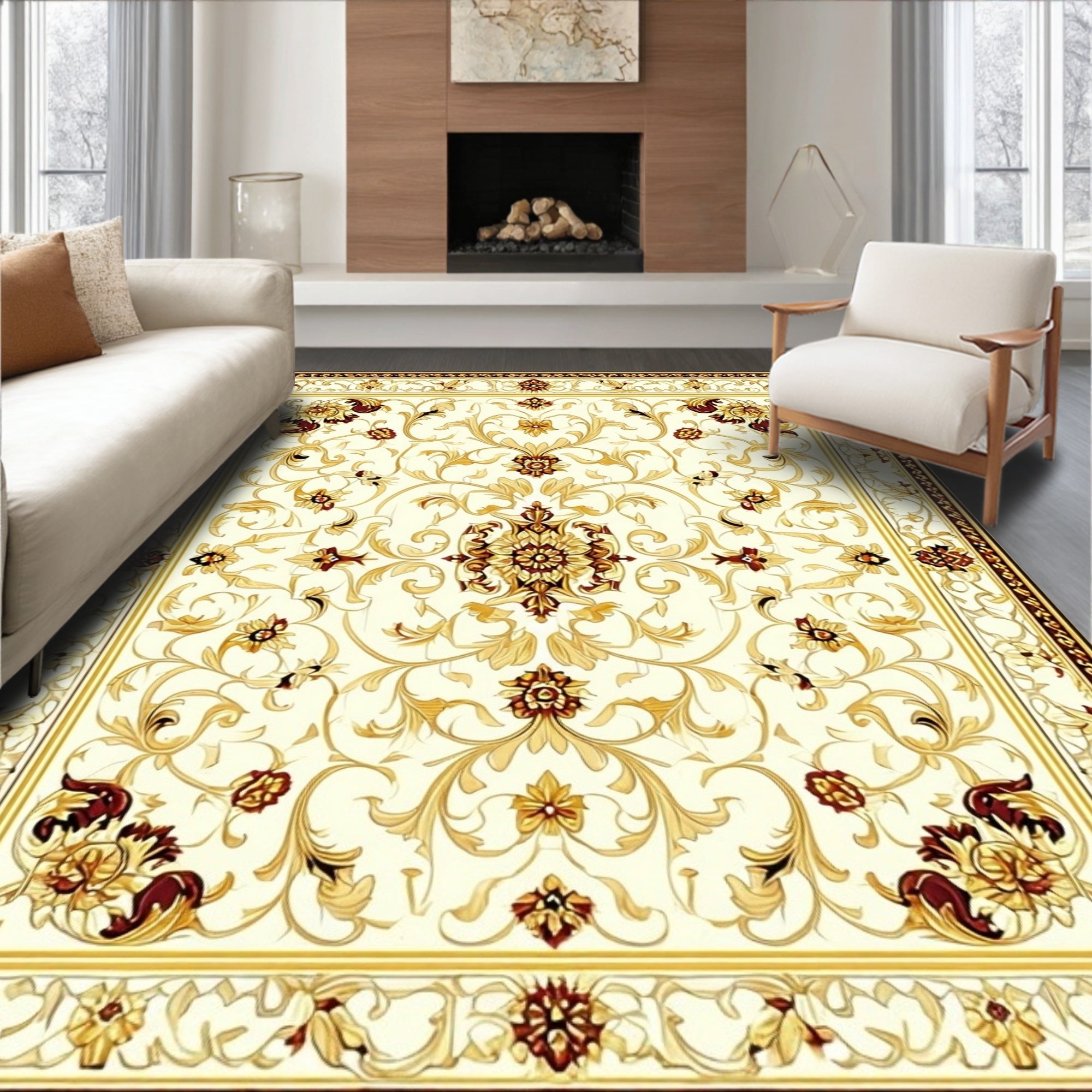 Ornate Floral Scrollwork Cream Gold Rug