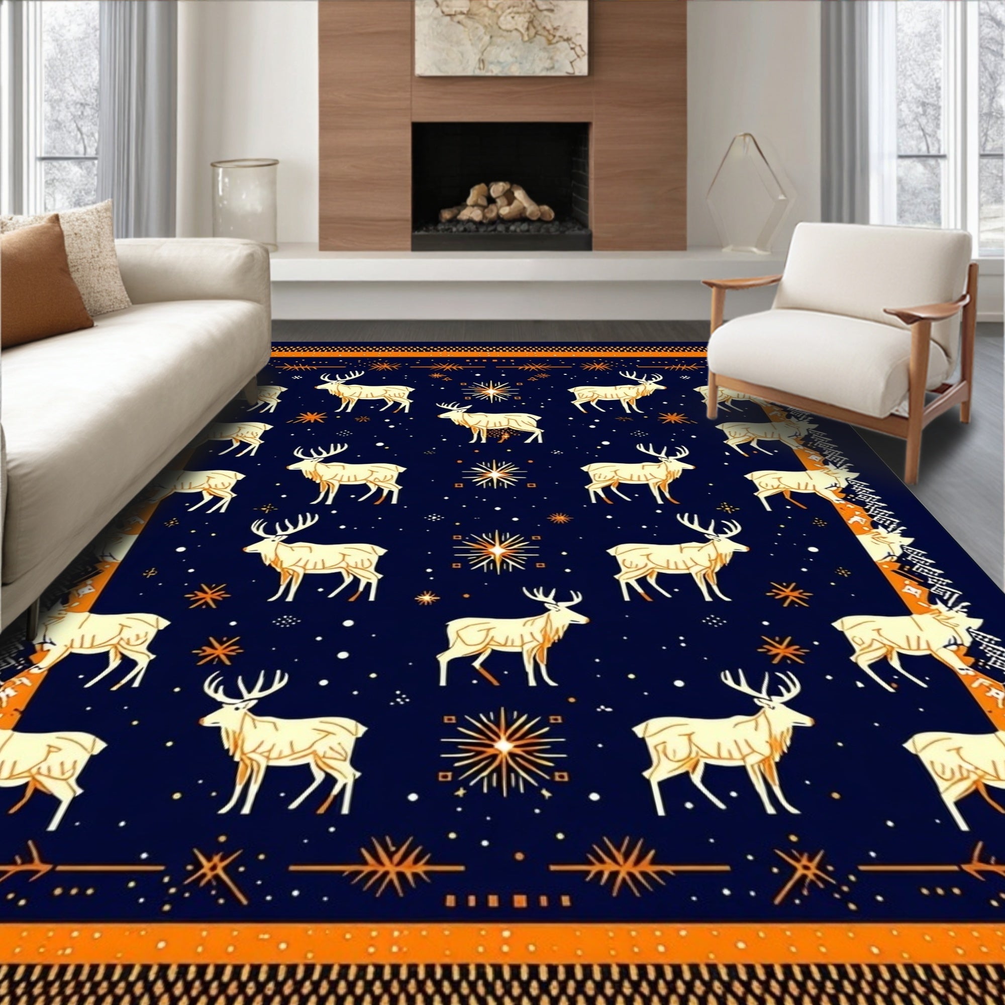Fawn Deer Orange Festive Pattern Rug